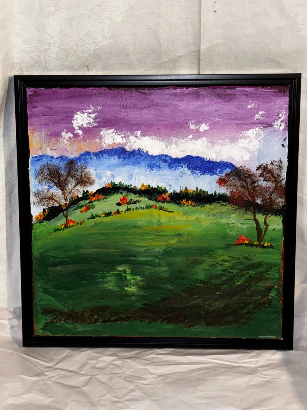 Original Folk Art Landscape Painting on Canvas Framed Mountains Trees 13”